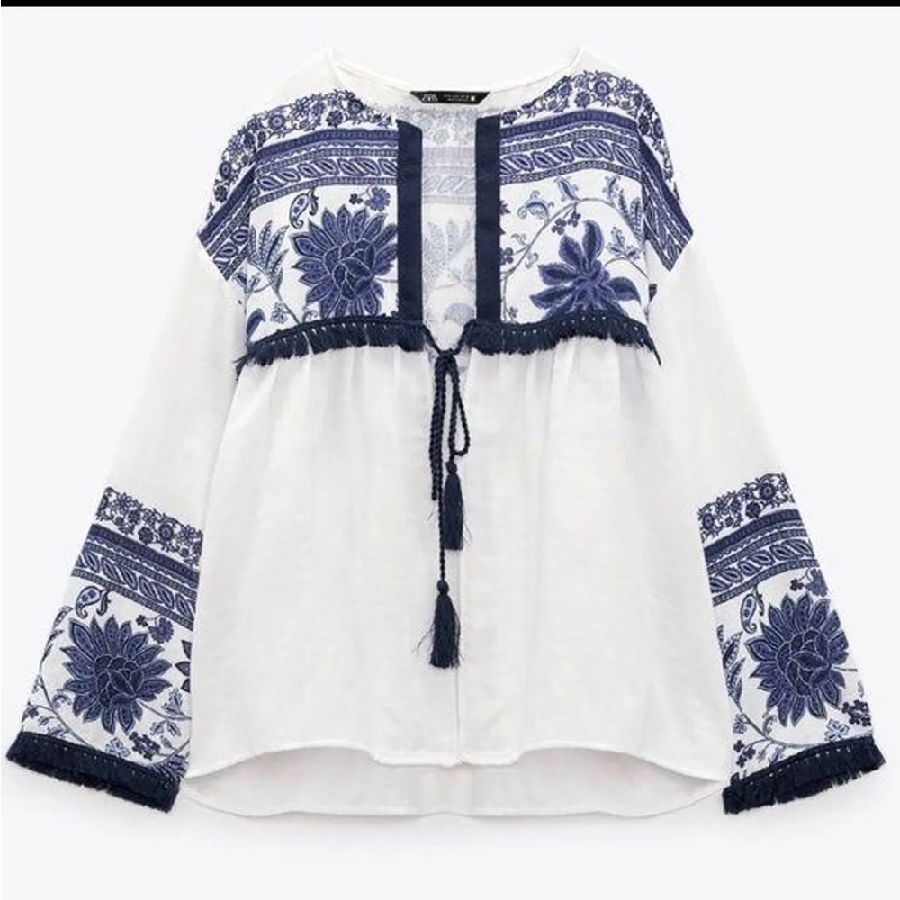 Zara White and Blue Embroidered Boho Top